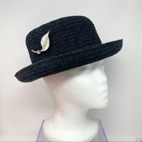 Vintage Arlin Kettle Brim Hat w Leaf Pin RN 7008 Black Dark Grey - Picture 1 of 11